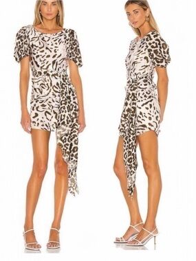 HEMANT AND NANDITA REVOLVE Rika Leopard Print Puff Sleeve Ruched Mini Dress L